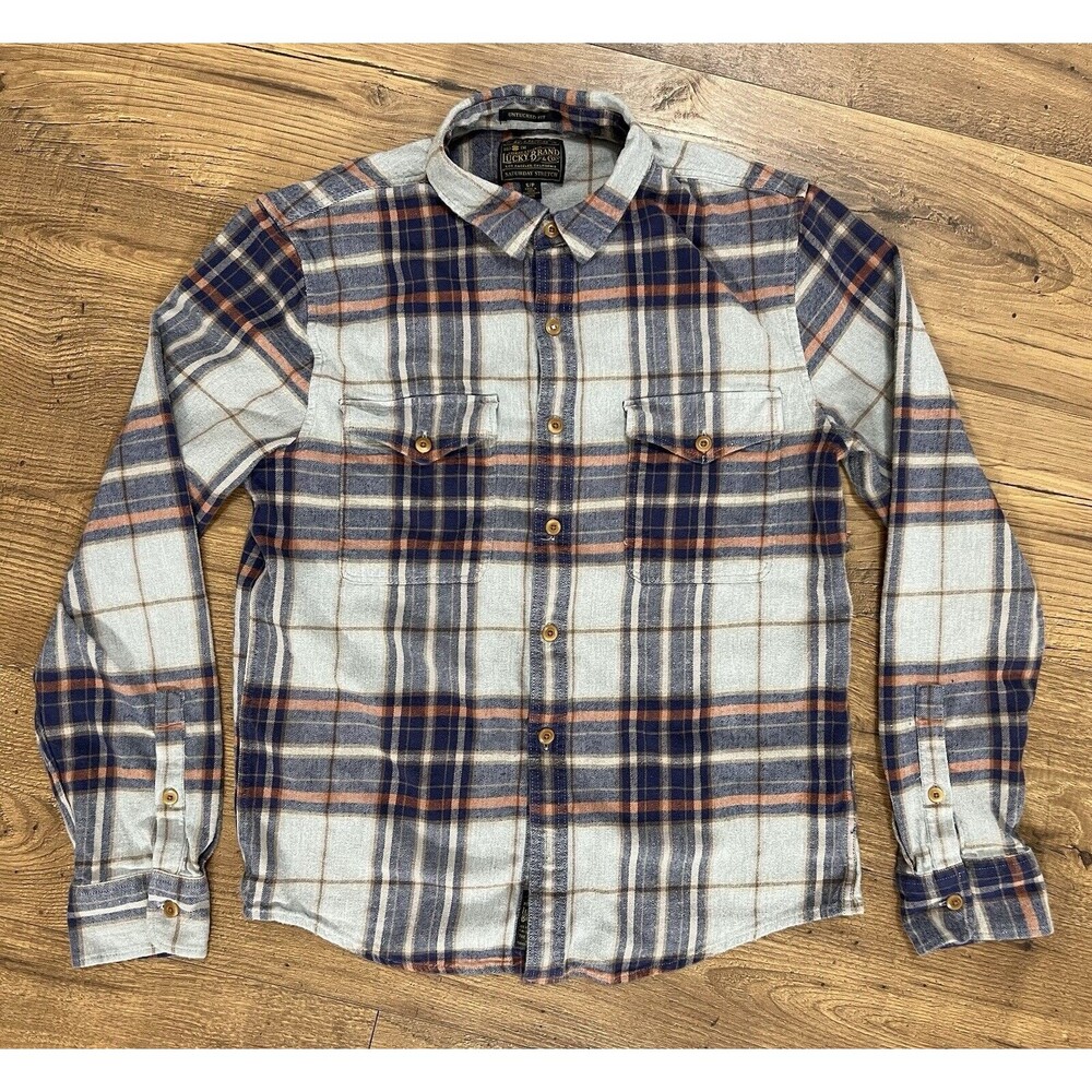 Lucky Brand Shirt Mens Sz S Blue Plaid Western Redwood Flannel Button Up Pockets